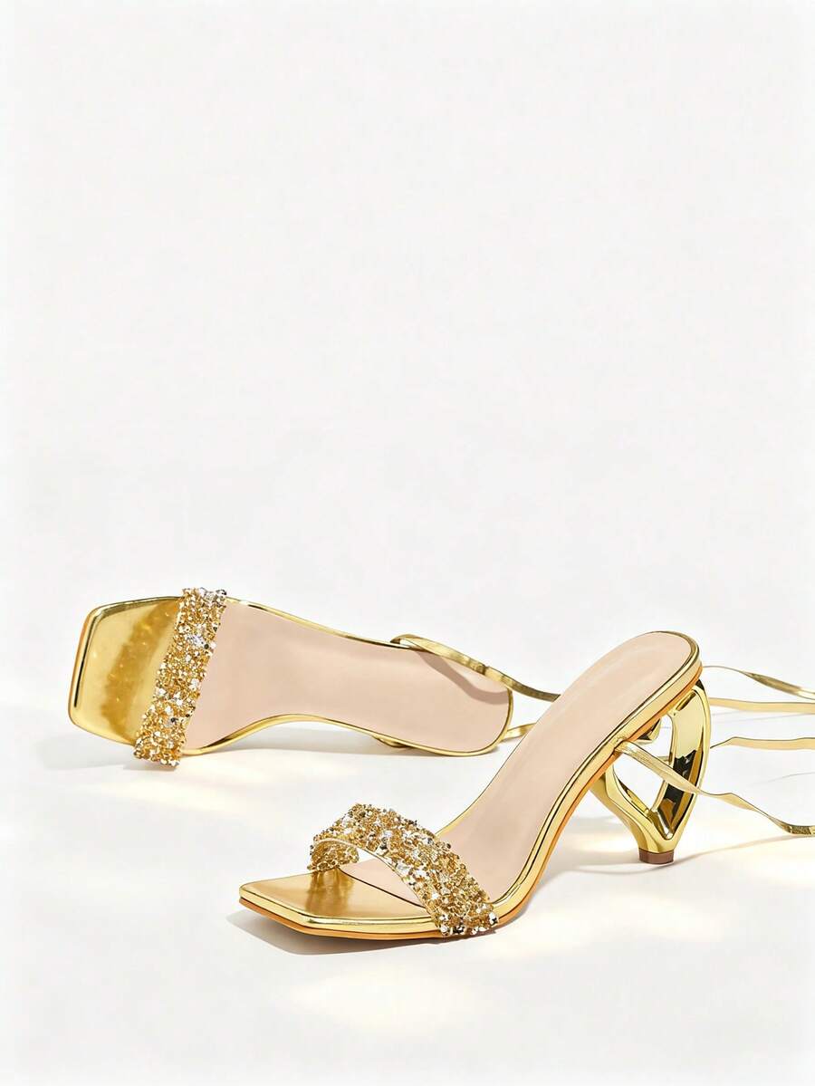 Sandal Strappy Heeled - Womens Rhinestone-Embellished Strappy Mid-Heel Sandals With
