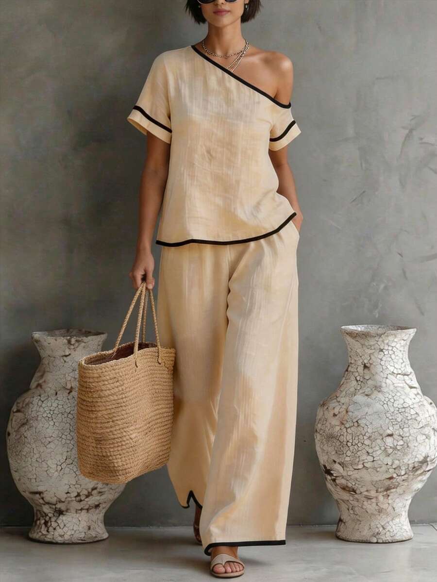 Womens Beige Asymmetric Top An - مراجعة Linen Pant Wide وسعره