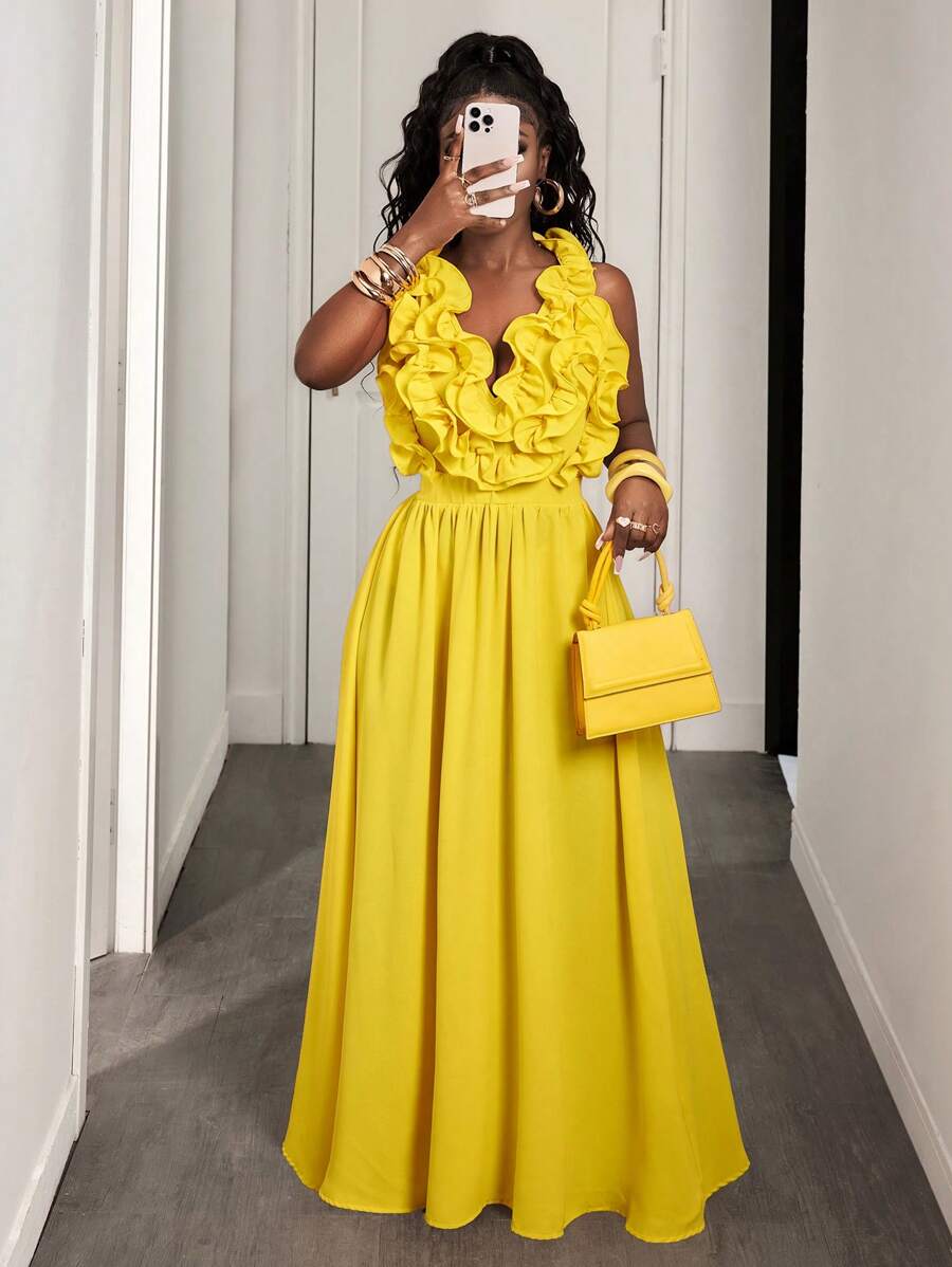 Yellow Deep V-Neck Ruffle Halt - مراجعة Maxi Dress Halter وسعره