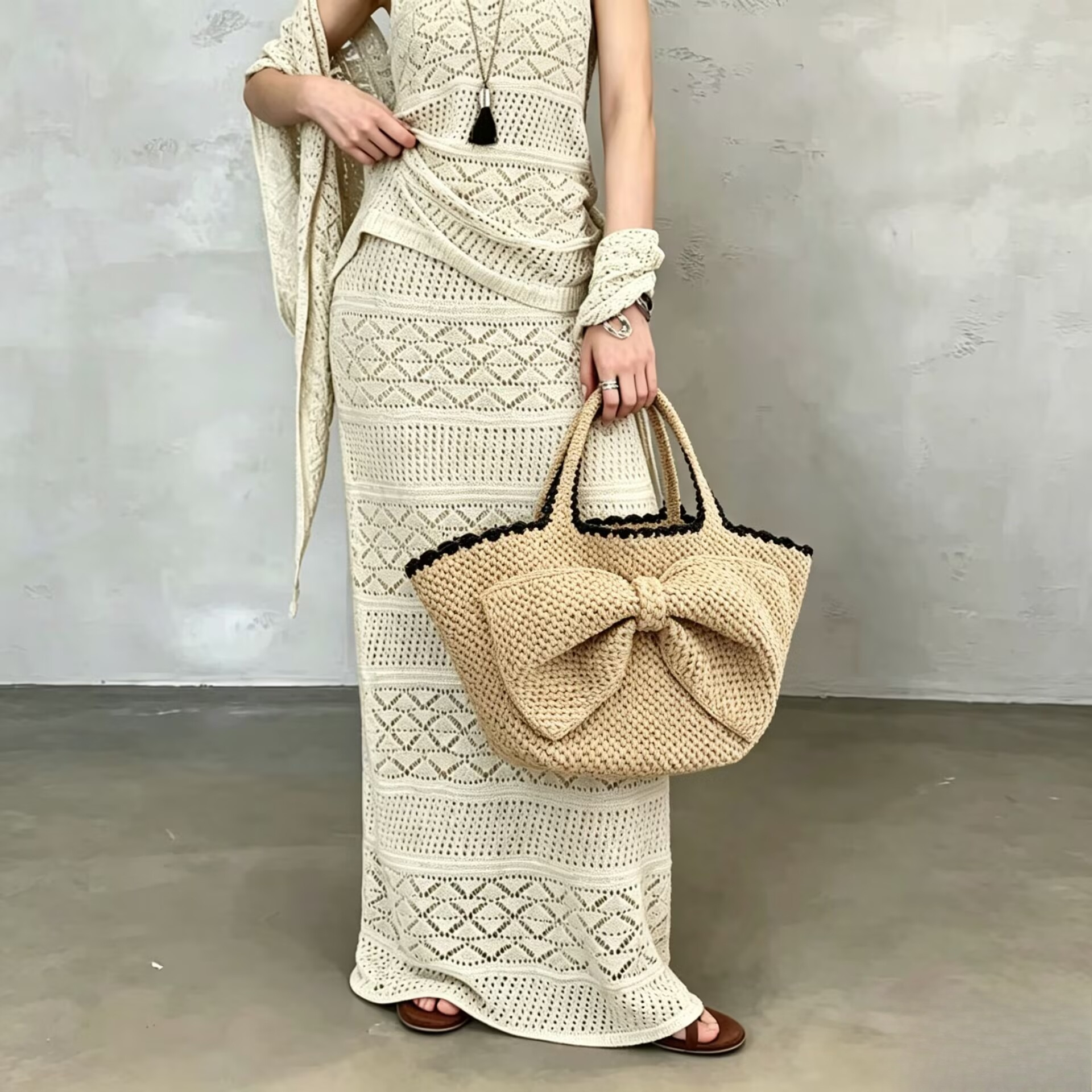 NEW raffia bow crochet handwov - مراجعة Crochet Bag Raffia وسعره