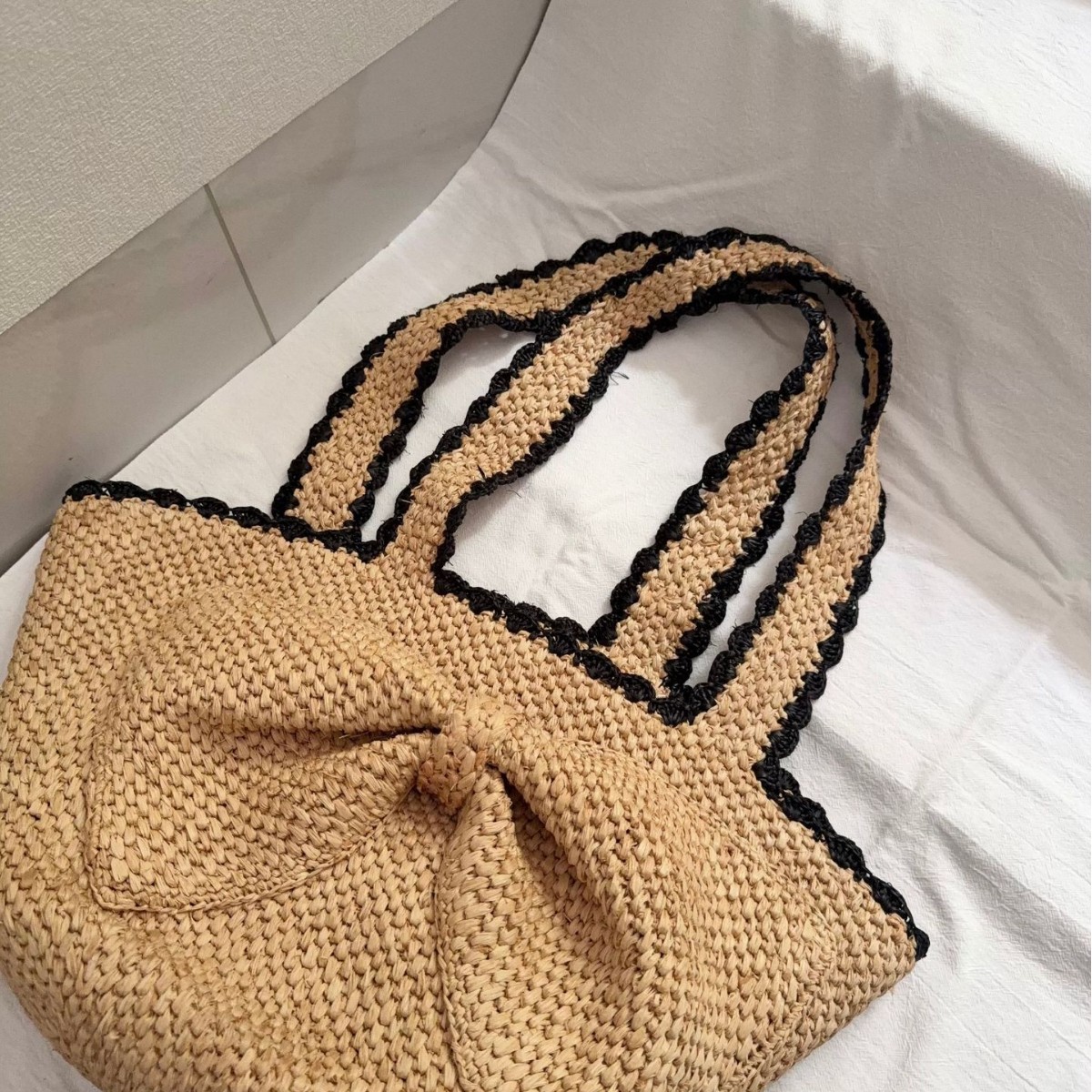 NEW raffia bow crochet handwov - مراجعة Crochet Bag Raffia وسعره
