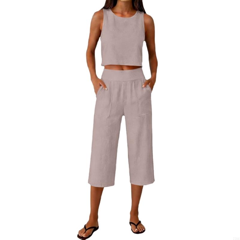 77HE Women's 2 Piece Outfits S - مراجعة Linen Pant Wide وسعره