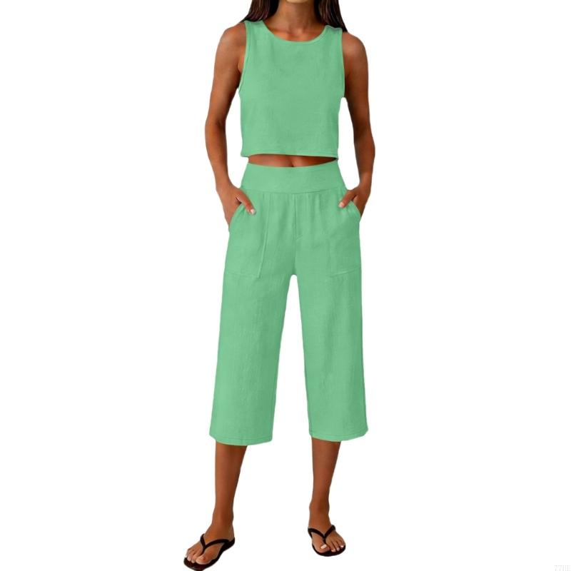 77HE Women's 2 Piece Outfits S - مراجعة Linen Pant Wide وسعره